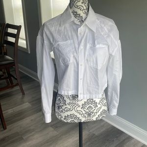 White woman button down shirt
